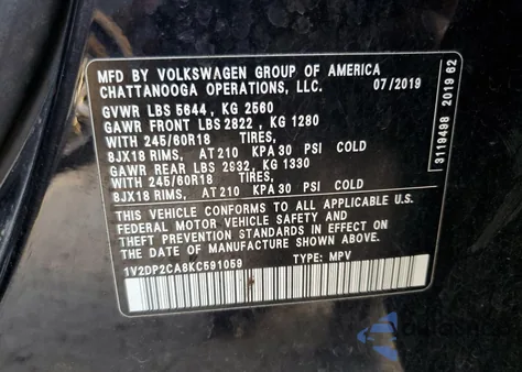 2019 Volkswagen Atlas Se from USA, damaged, VIN 1V2DP2CA8KC591059